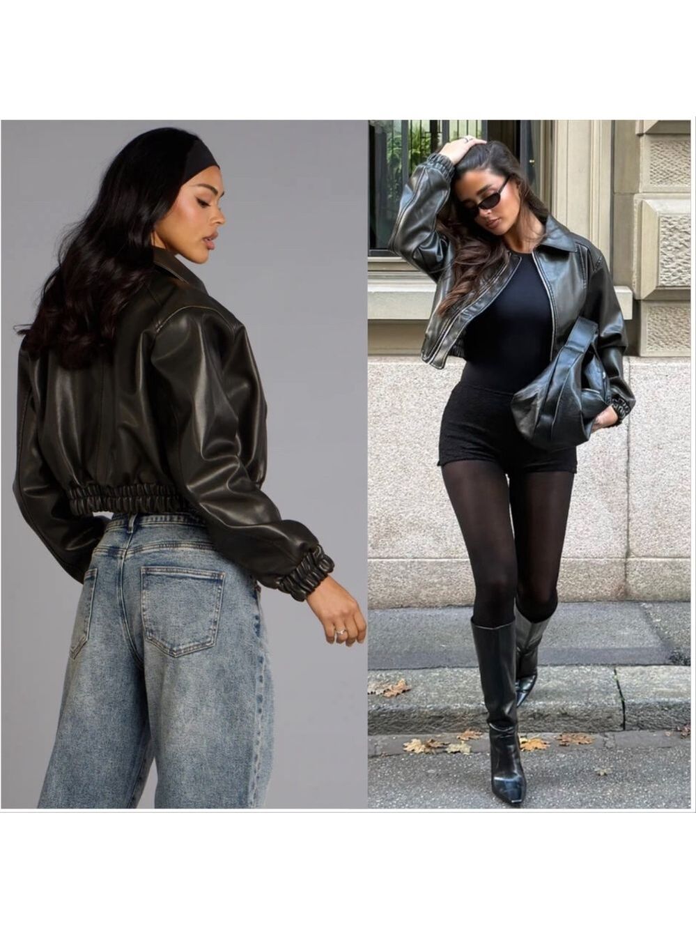 Windsor Womens Cool Factor Faux Leather Cropped Bomber Jacket Black